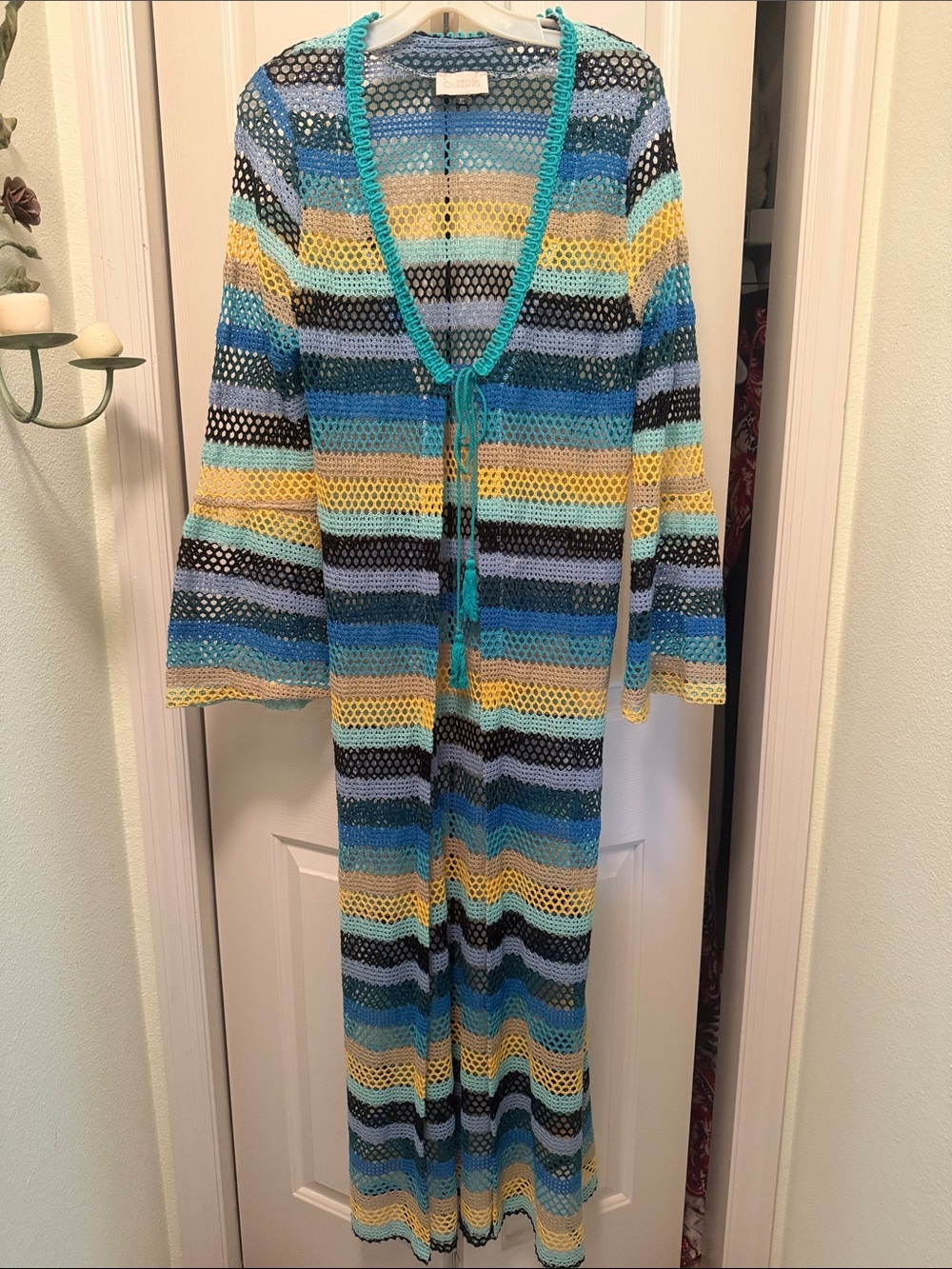 Striped Crochet Maxi Dress Cover-Up in Blue, Yellow & Black